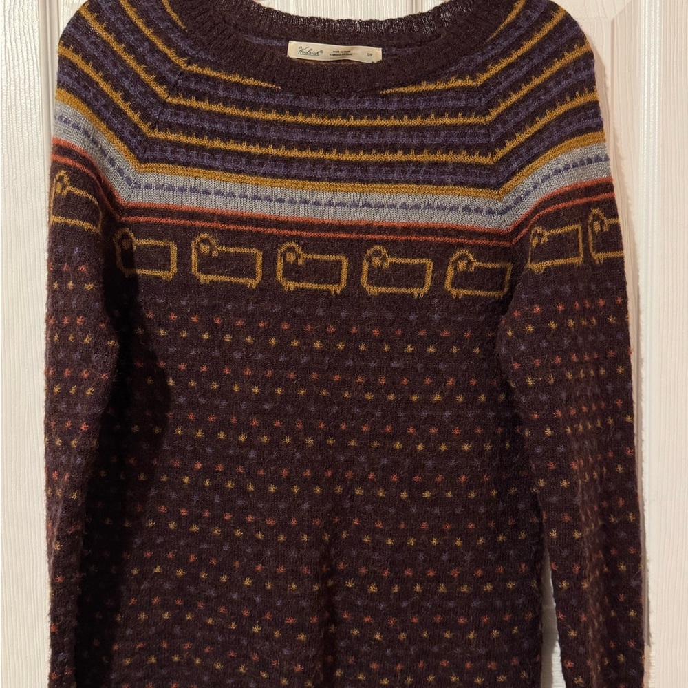 Woolrich Maroon Fair Isle Crewneck Sweater with Mustard, Red, and Purple